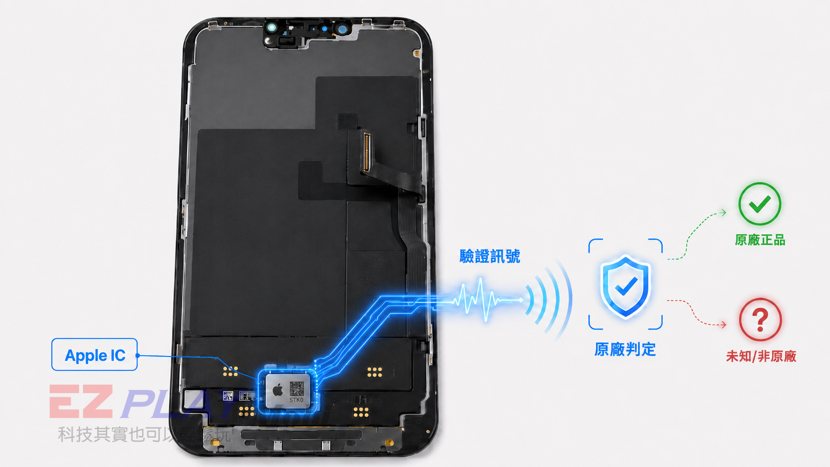iPhone 螢幕背面驗證訊號示意