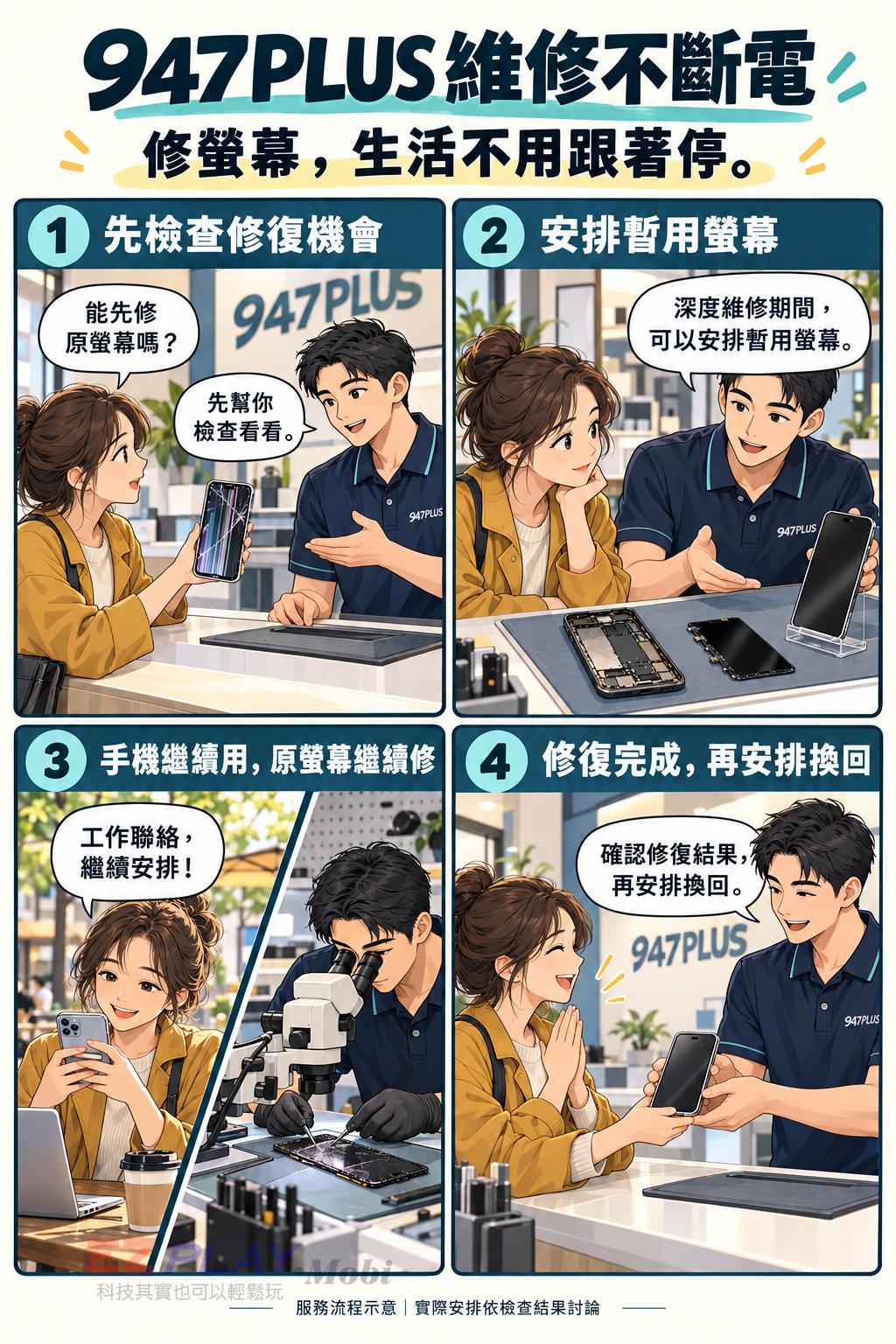 維修不斷電四格漫畫:檢查修復機會、安排暫用螢幕、手機接續使用、修復完成安排換回